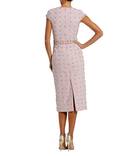 Mac Duggal Beaded Crew Neck Cap Sleeve Sheath Midi Dress Product Image