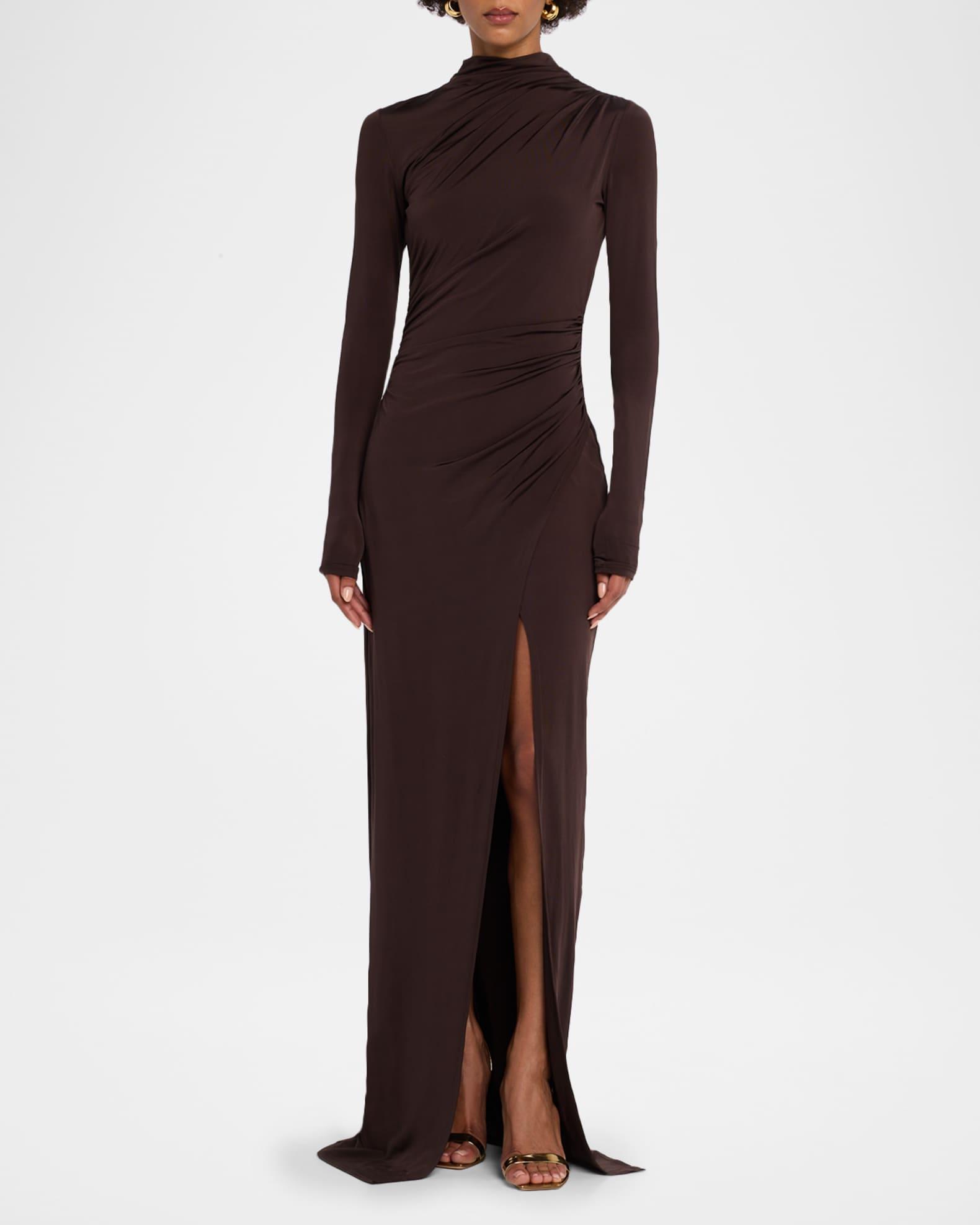 Ruched Mock-Neck Jersey Column Gown Product Image