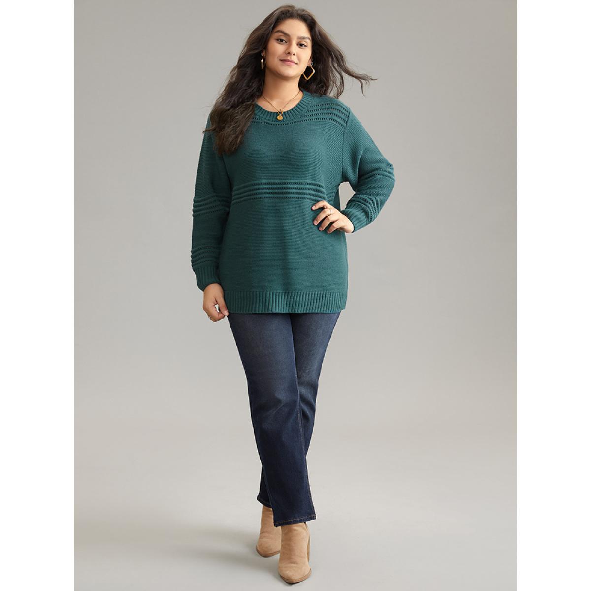 Plus Size Textured Plain Loose Elastic Cuffs Pullover Cyan Women Casual Loose Long Sleeve Round Neck Dailywear Pullovers BloomChic 12/L Product Image