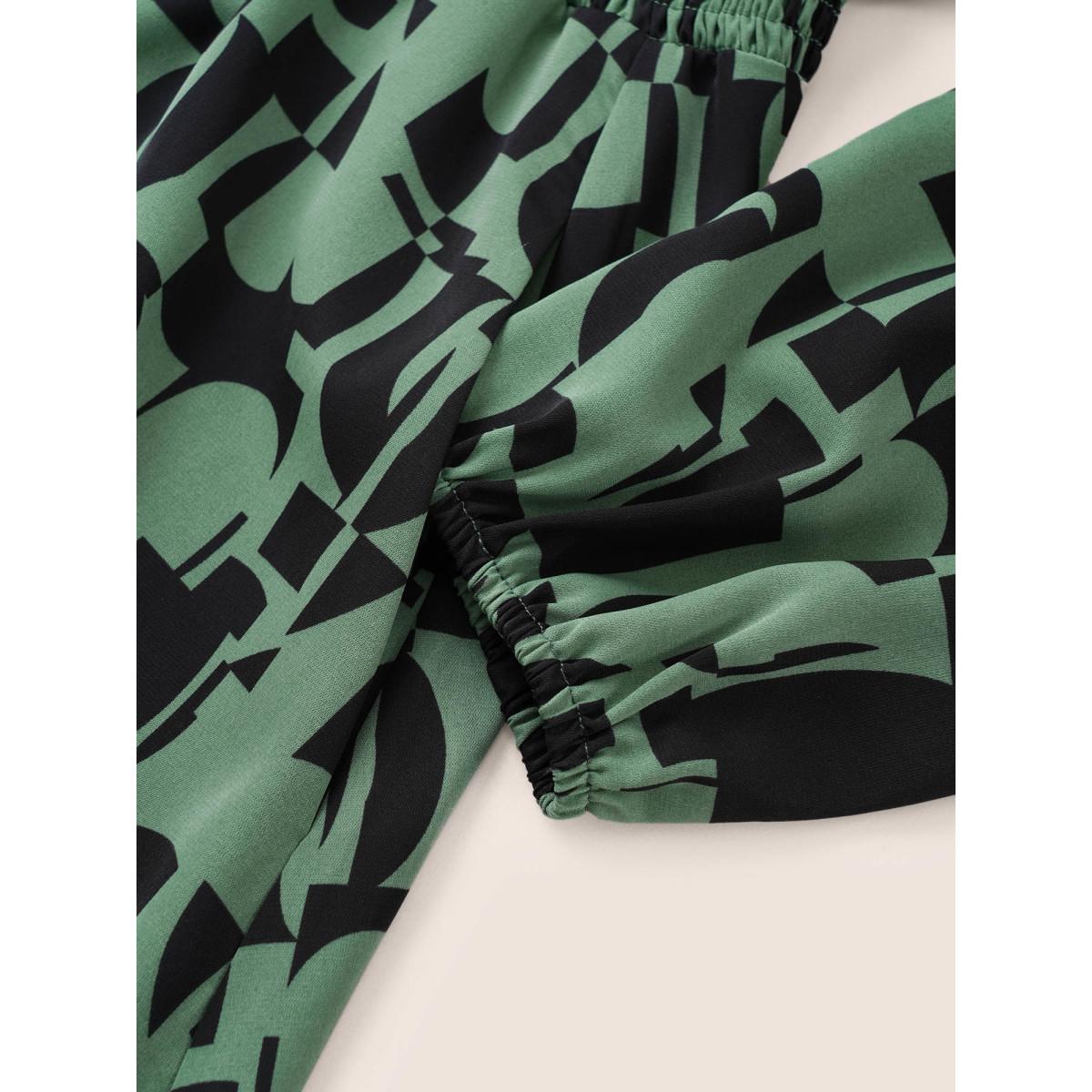 Plus Size Geometric Shirred Elastic Waist Wrap Dress Midnight Women At the Office Non Overlap Collar Long Sleeve Curvy Midi Dress BloomChic 26/4X Product Image