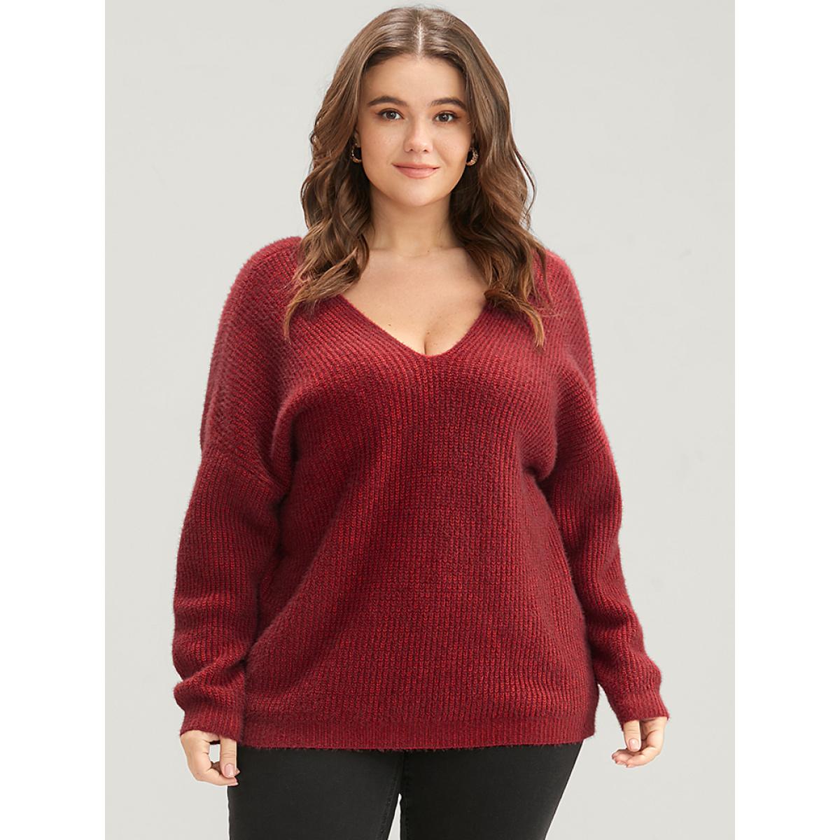 Plus Size Solid Soft Pointelle Knit Cut Out Fluffy Knit Top Burgundy Women Casual Loose Long Sleeve V-neck Dailywear Pullovers BloomChic 12/L Product Image