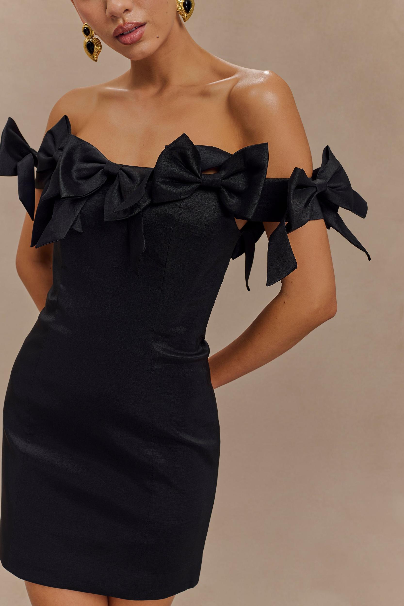 Rose Strapless Bow Mini Dress - Black Product Image