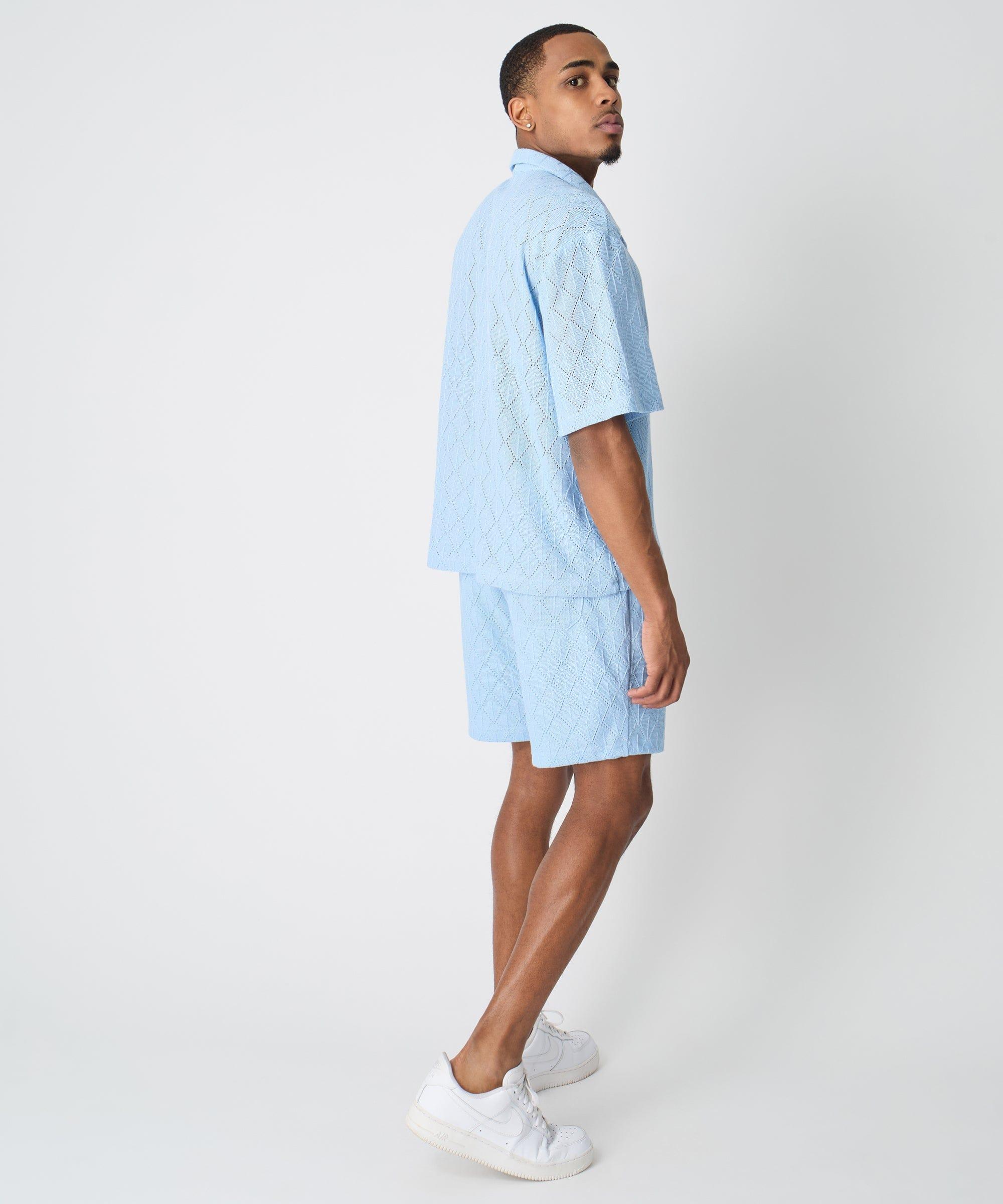 Diamond Plate Towel Color Blocked Short Sleeve Button Down Shirt - Light Blue Product Image