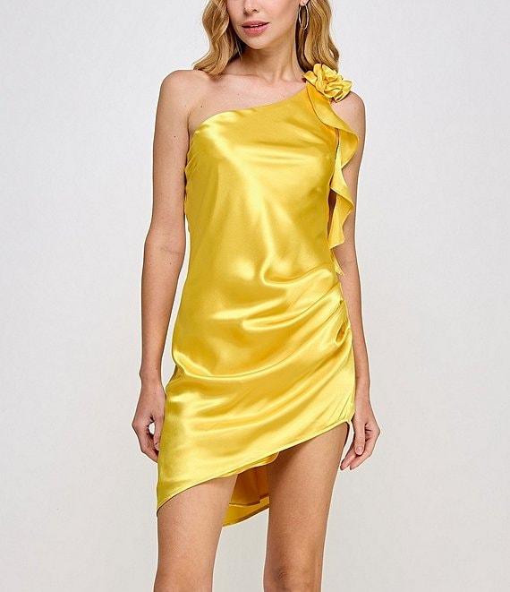 Morgan & Co. One Shoulder Charmeuse With Rosette & Ruffle Detail Dress Product Image