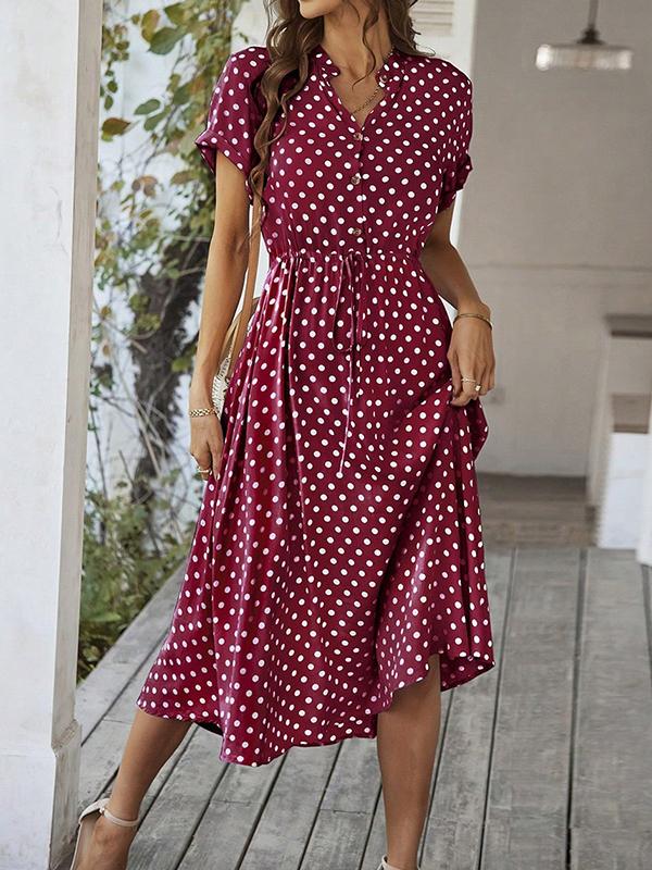 A-Line High Waisted Buttoned Drawstring Polka-Dot V-Neck Midi Dresses Product Image