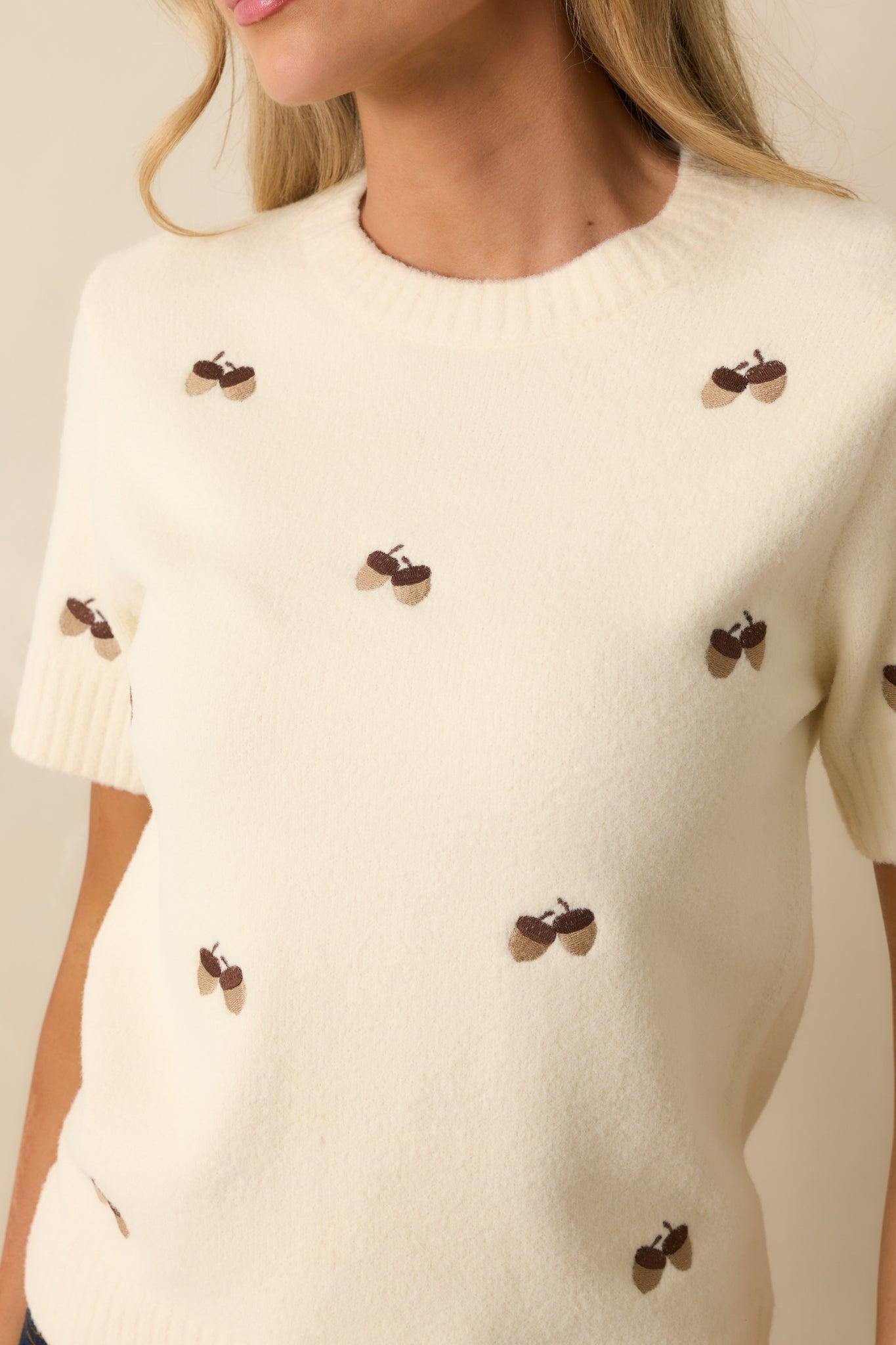 Found My Place Ivory Acorn Embroidered Short Sleeve Sweater L / Ivory Product Image