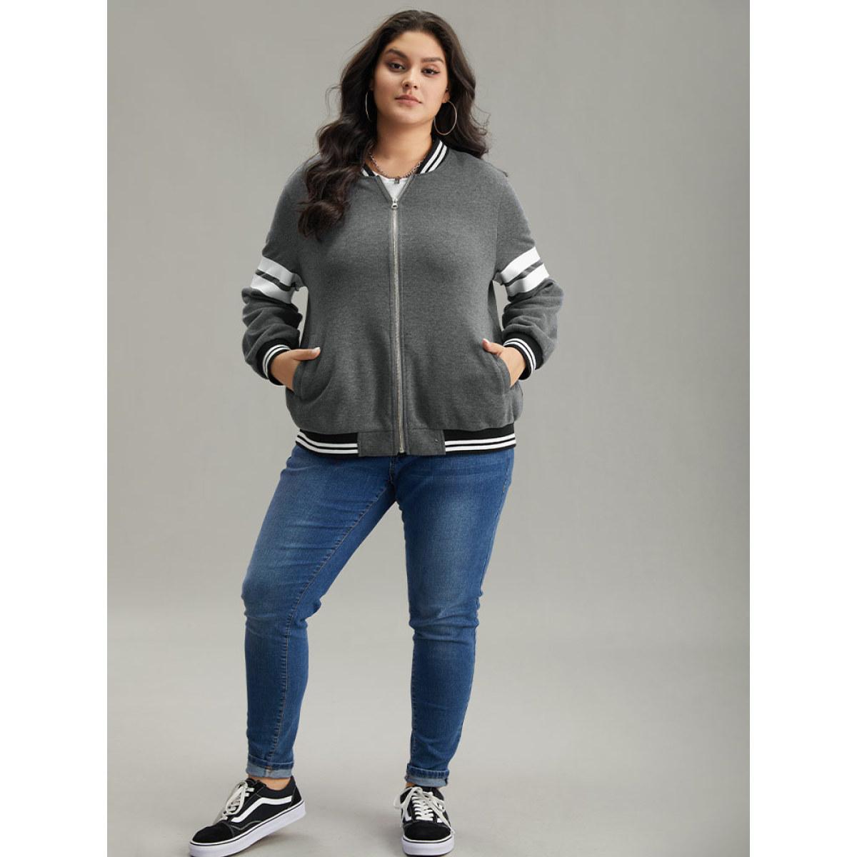 Plus Size Striped Patchwork Contrast Pocket Zipper Bomber Jacket Women DimGray Elastic cuffs Pocket Dailywear Jackets BloomChic 22-24/3X Product Image