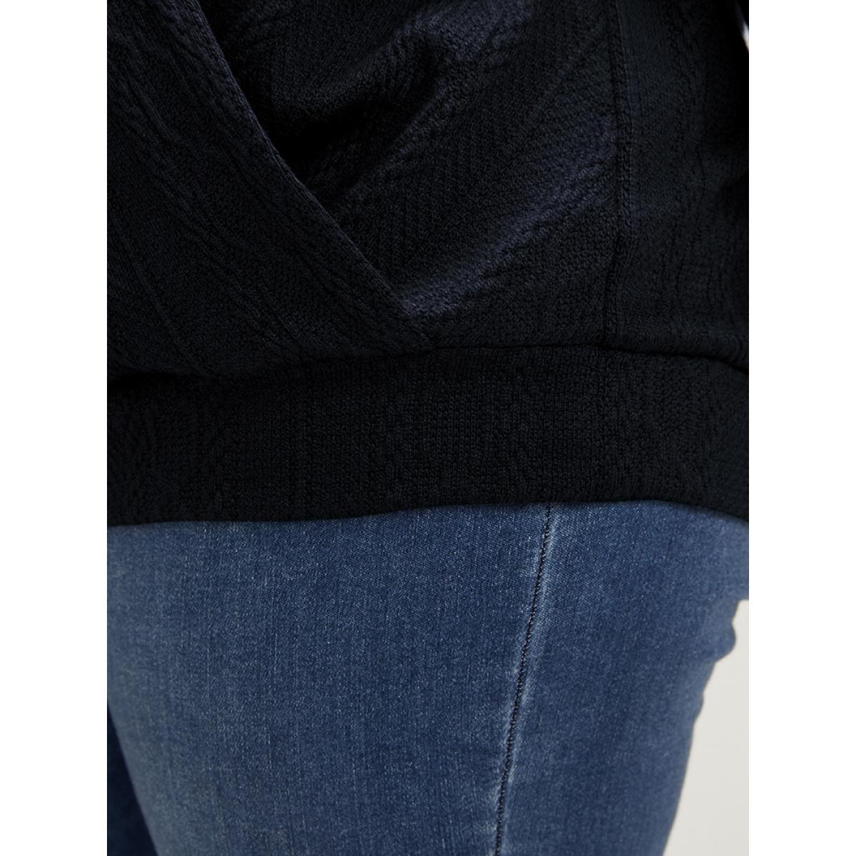 Plus Size Solid Cable Knit Surplice Neck Drop Shoulder Sweatshirt Women DarkBlue Elegant Plain V-neck Dailywear Sweatshirts BloomChic 12/L Product Image