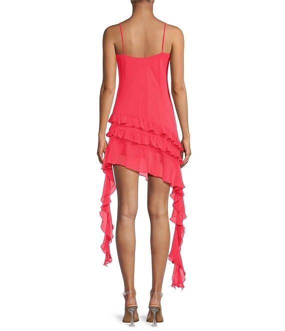 Gianni Bini Belle Rosette Sweetheart Neck Sleeveless Ruffle Chiffon Mini Dress Product Image
