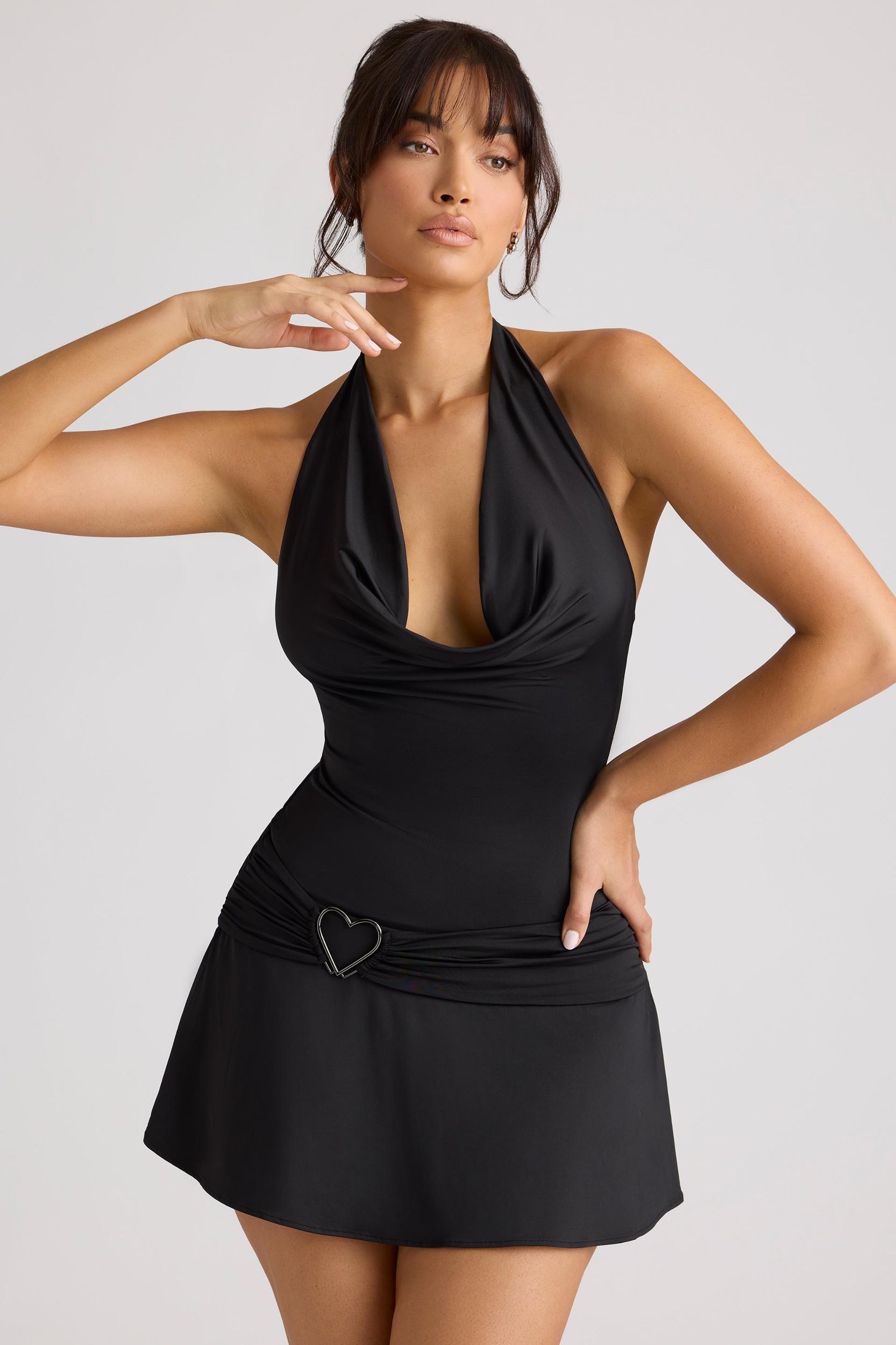 Heart Detail Cowl Neck Mini Dress in Black Product Image