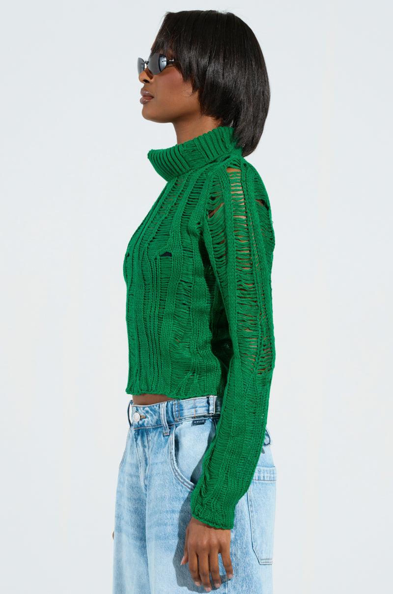 SEXY LOOSE WEAVE HIGH NECK SWEATER IN GREEN Product Image