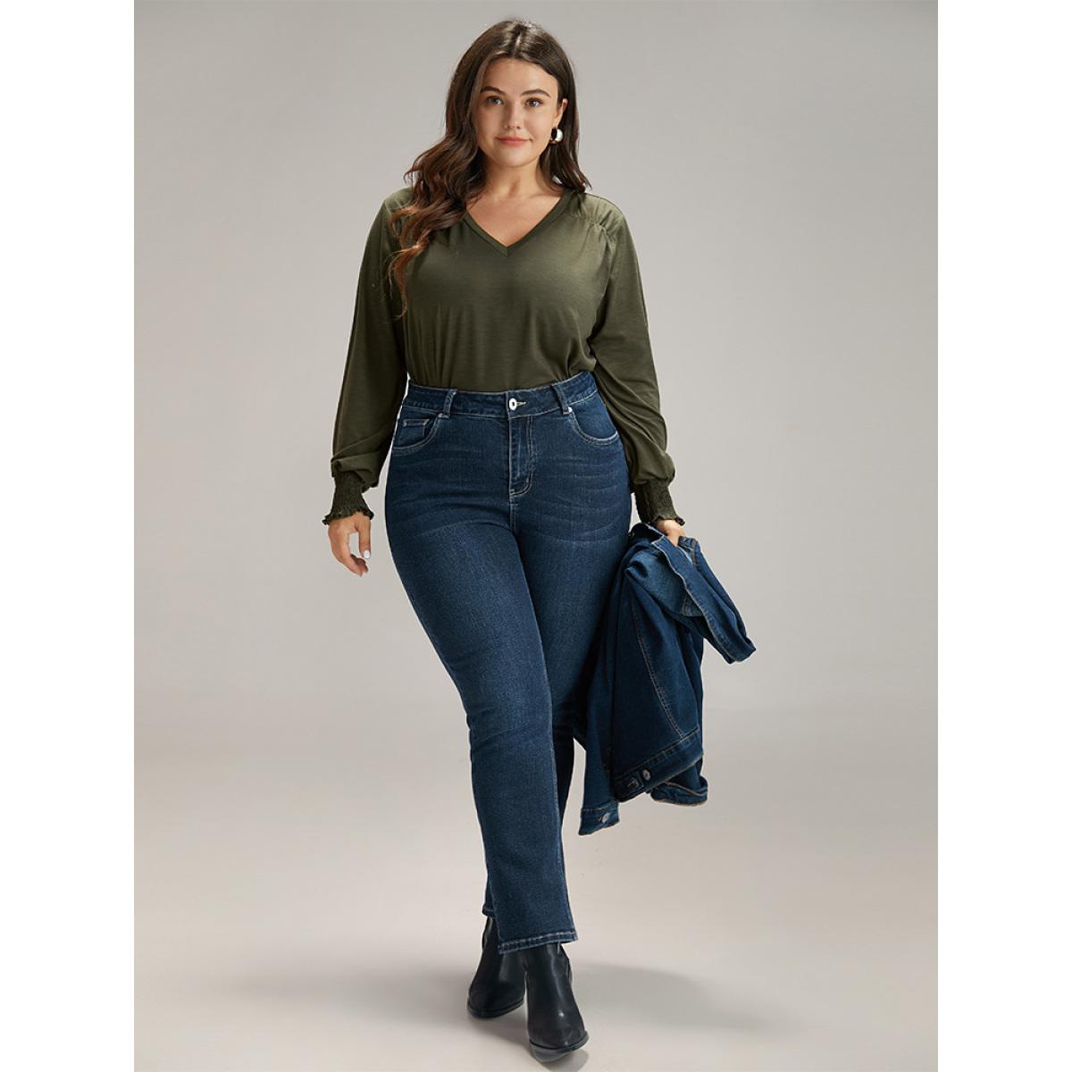 Plus Size Plain V Neck Gathered Shirred Sleeve T-shirt ArmyGreen Women Casual Elastic cuffs Plain V-neck Everyday T-shirts BloomChic 10/M Product Image
