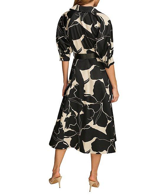 Donna Karan Printed 3/4 Sleeve Notch Collar Belted Side Pocket A-Line Midi Dress Product Image