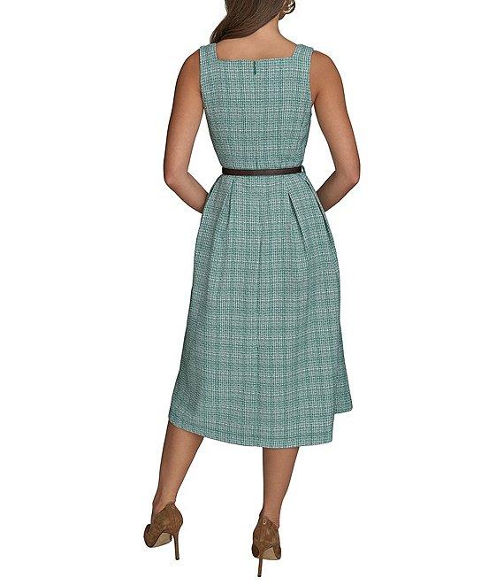 Donna Karan Tweed Square Neck Sleeveless Belted Fit and Flare Midi Dress Product Image