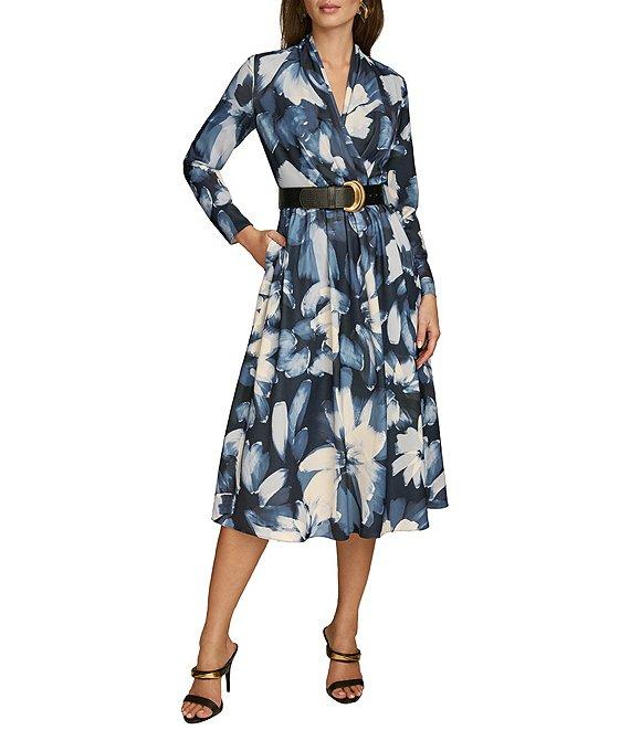 Donna Karan V-Neck Long Sleeve Belted Fit and Flare Midi Dress Product Image