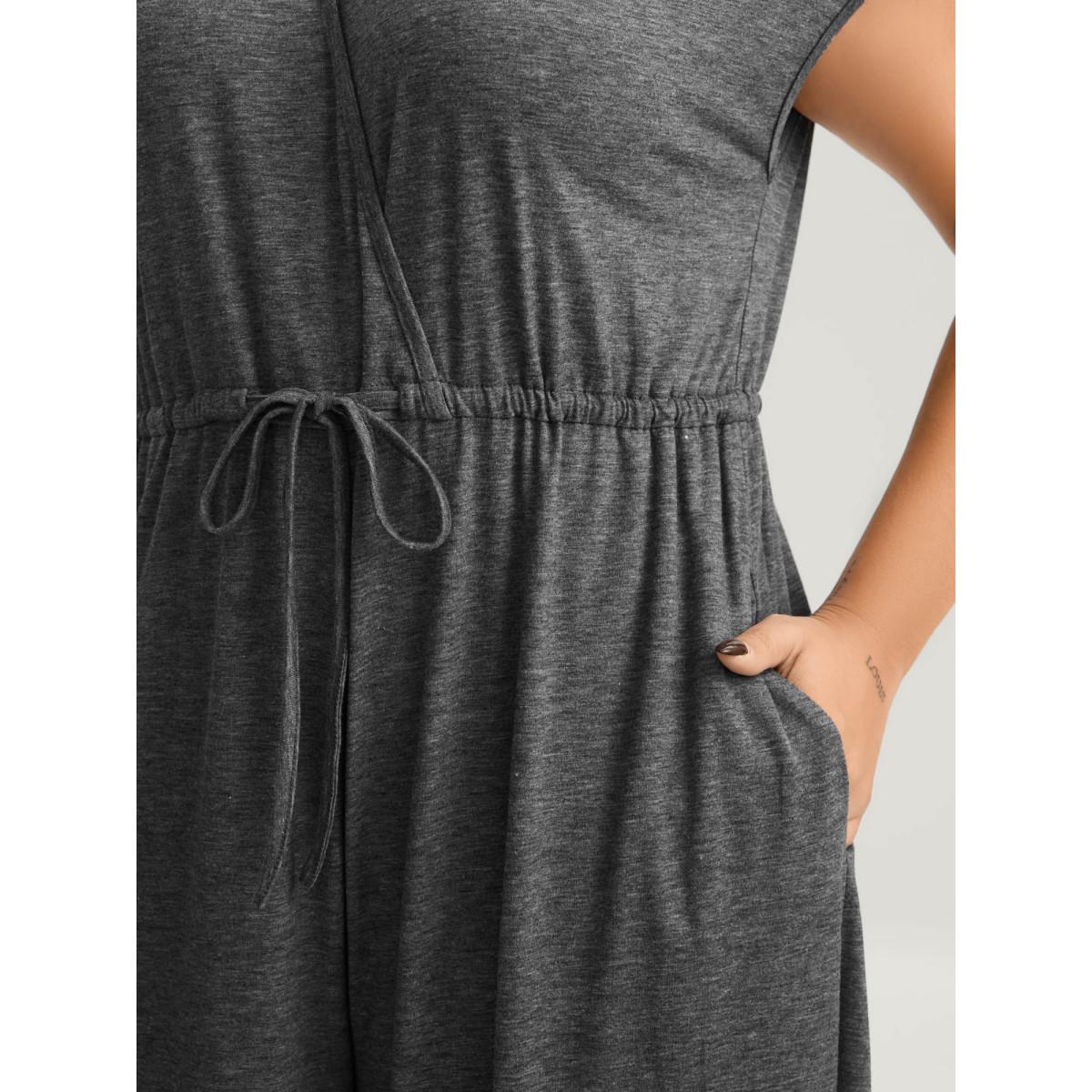 Plus Size DimGray Very Stretchy Lace Waist-Tie Jumpsuit Women Cap Sleeve V-neck Vacation Loose Jumpsuits BloomChic 30/6X Product Image