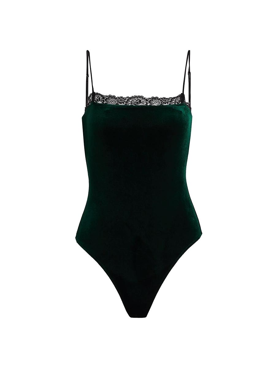 Womens Aileen Lace-Trim Velvet Bodysuit Product Image