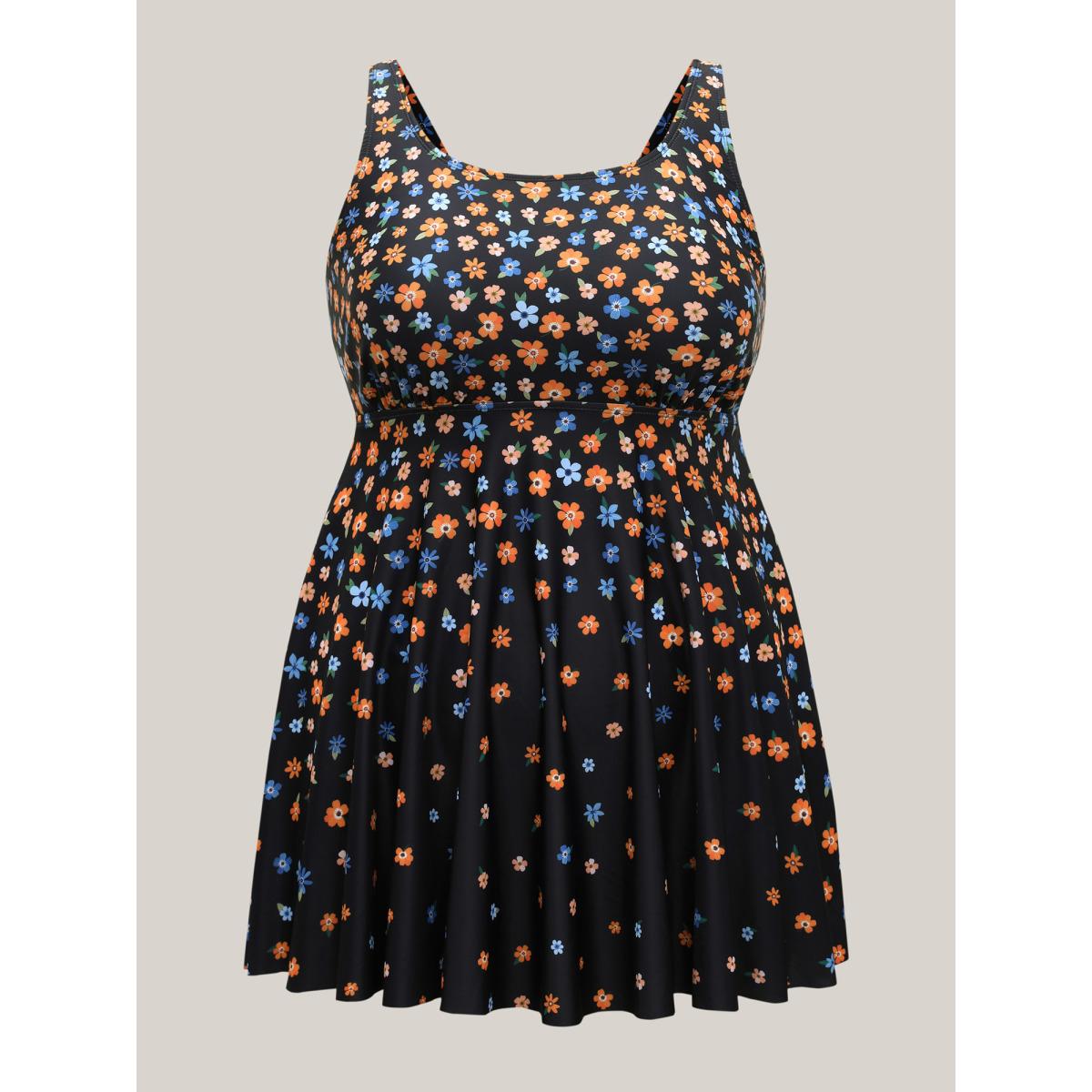 Plus Size Colorful Floral Print Adjustable Swim Dress Women's Swimwear Black Beach Bodycon U-neck High stretch Curve Swim Dresses BloomChic 18-20/2X Product Image