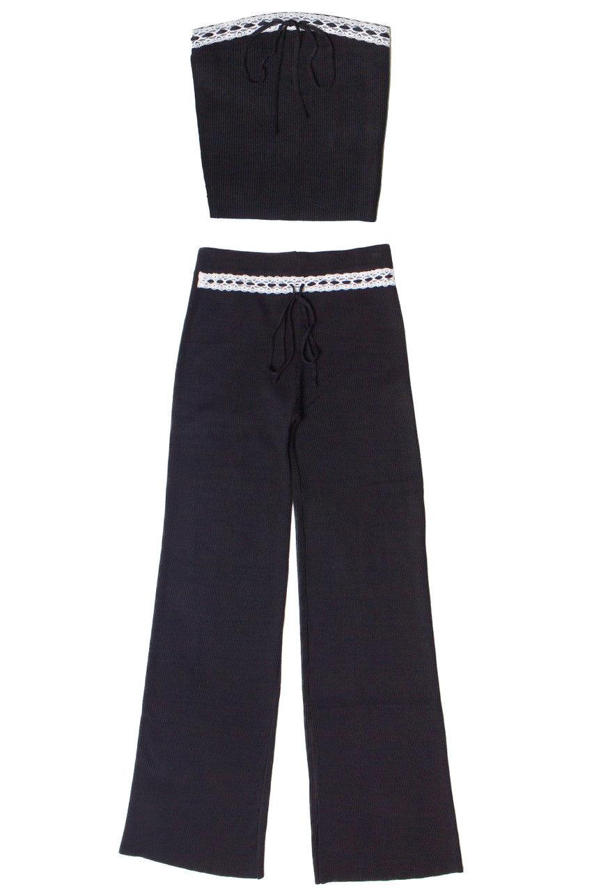 Lace Trim Ribbed Wide Leg Pants Product Image