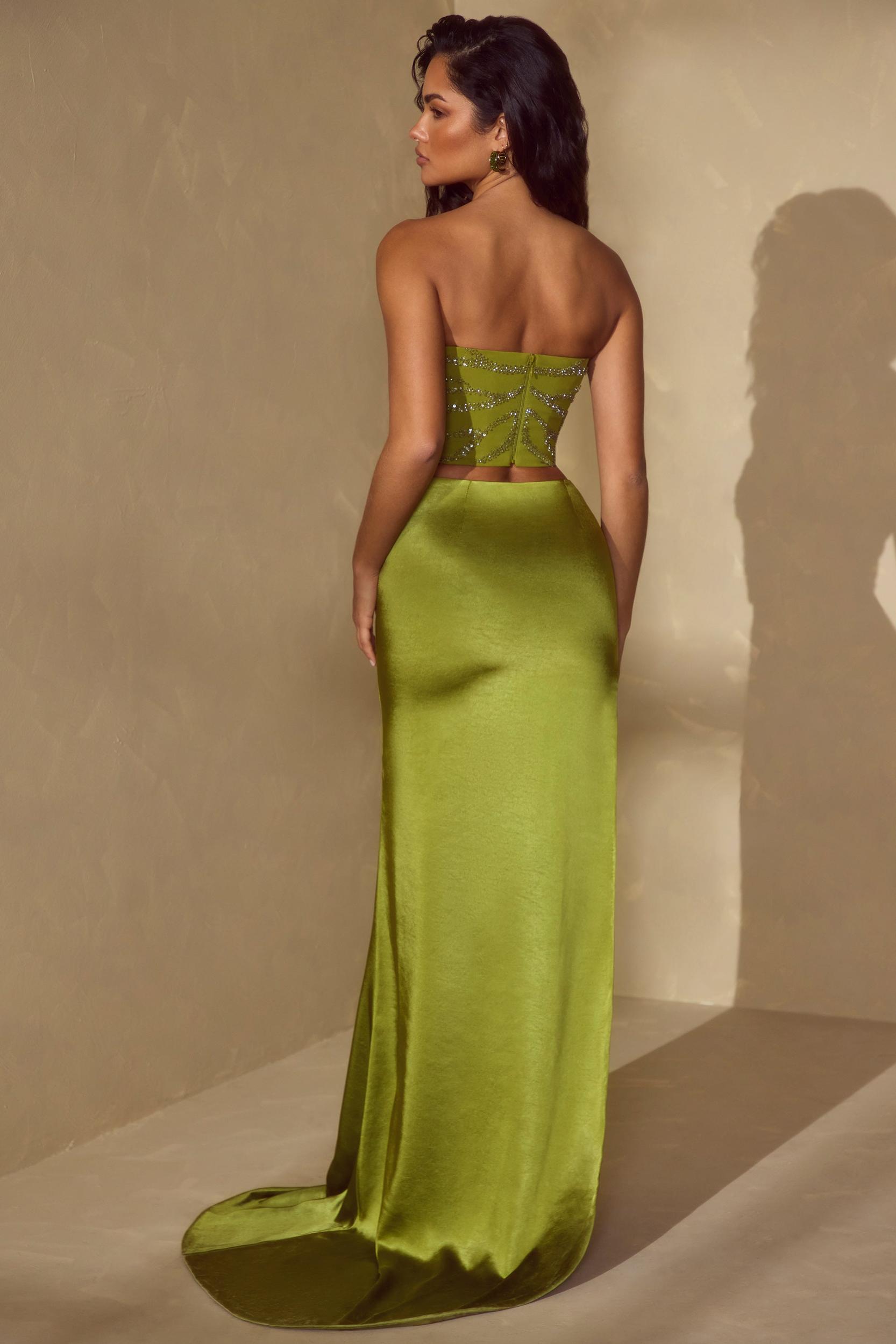 High Slit Gown Length Skirt with Train in Olive Product Image