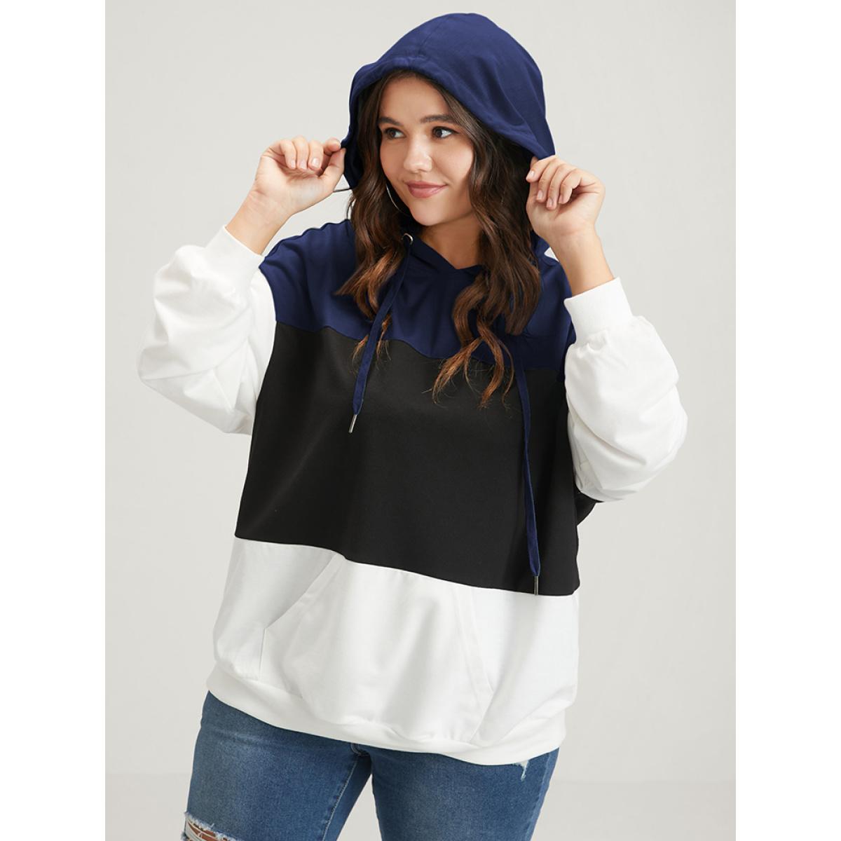 Plus Size Colorblock Contrast Drawstring Pocket Hooded Drop Shoulder Sweatshirt Women DarkBlue Casual Contrast Hooded Dailywear Sweatshirts BloomChic 12/L Product Image