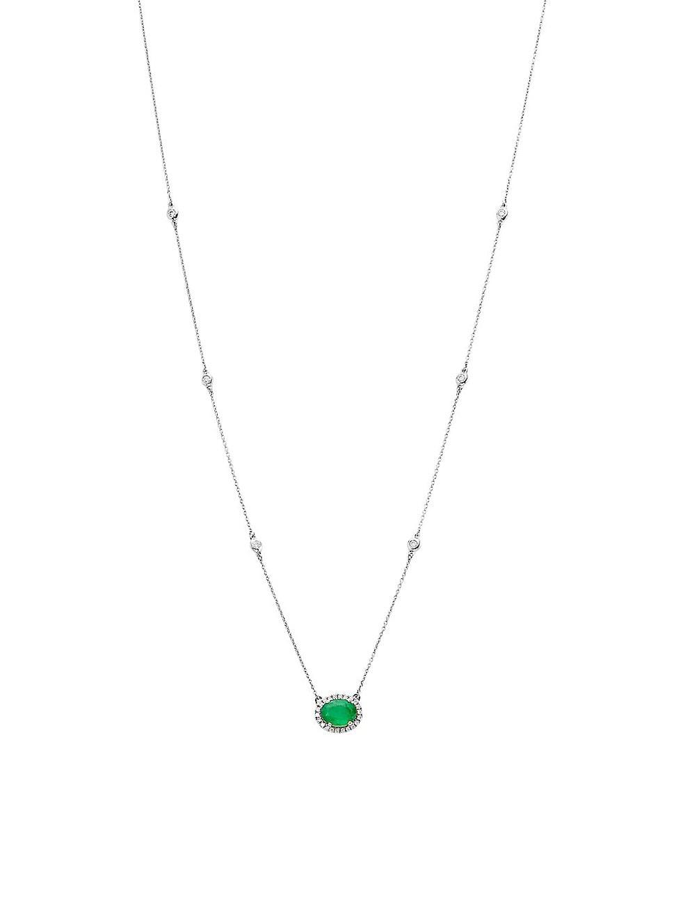 Womens 14K White Gold, Emerald & 0.27 TCW Diamond Halo Pendant Necklace Product Image