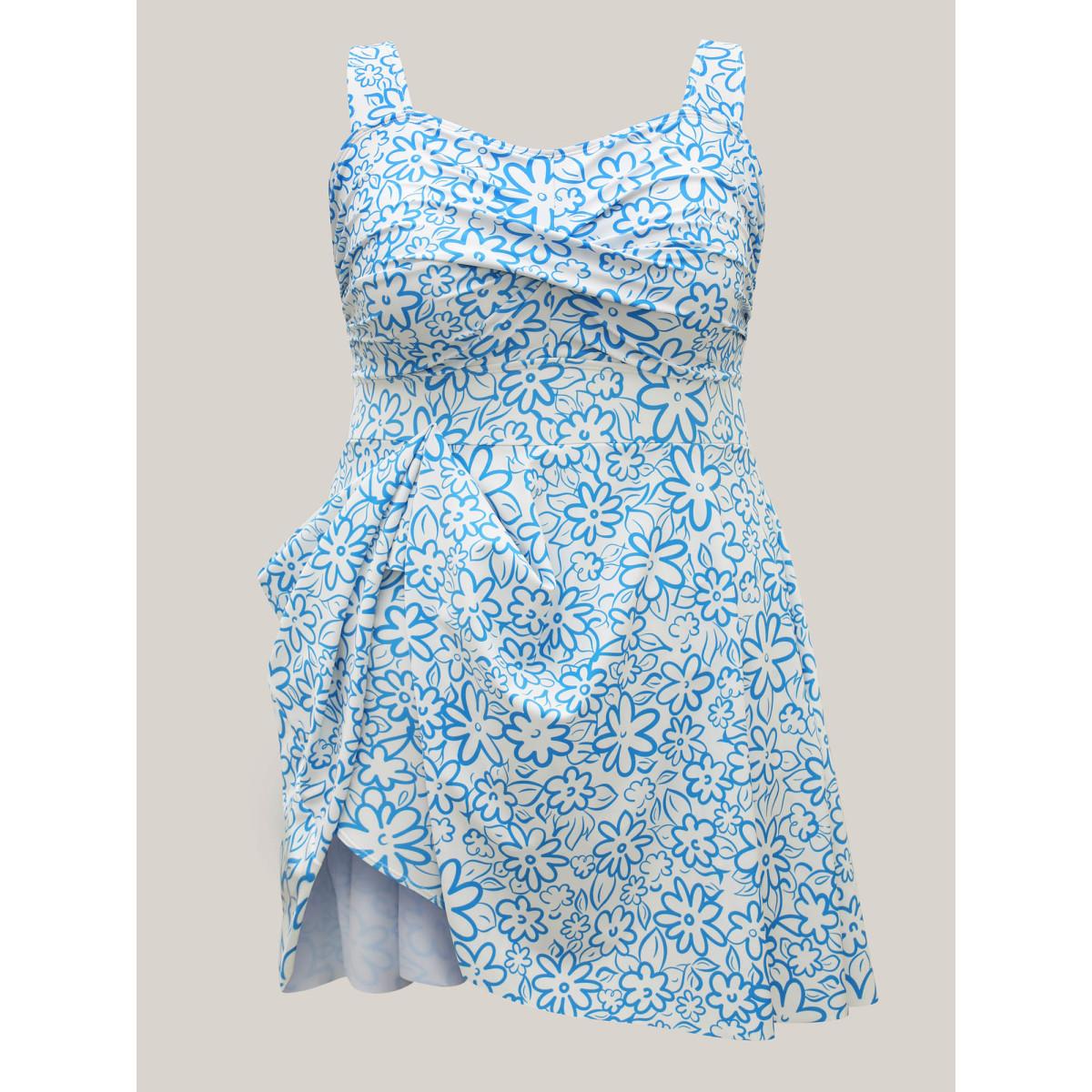 Plus Size Anti-Float Ties Twist Front Swim Dress Women's Swimwear Cerulean Beach Bodycon Heart neckline High stretch Curve Swim Dresses BloomChic 28/5X Product Image