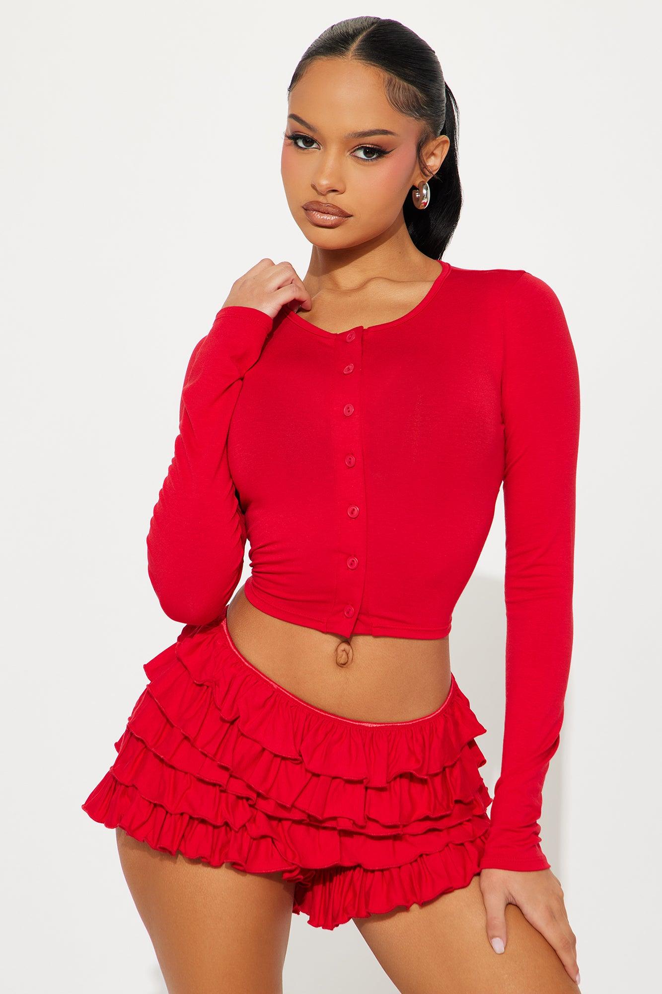 Raya Long Sleeve Ruffle Short Set - Red Product Image