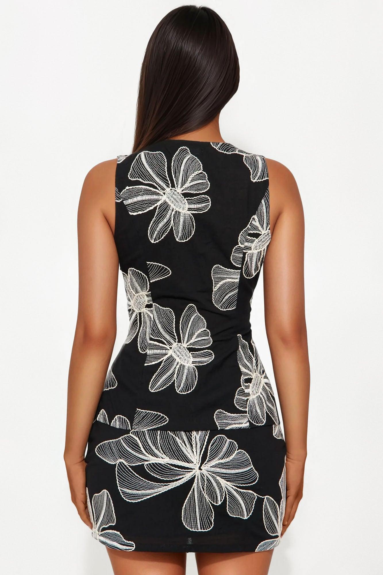 Lia Embroidered Floral Mini Skirt Set - Black Female Product Image