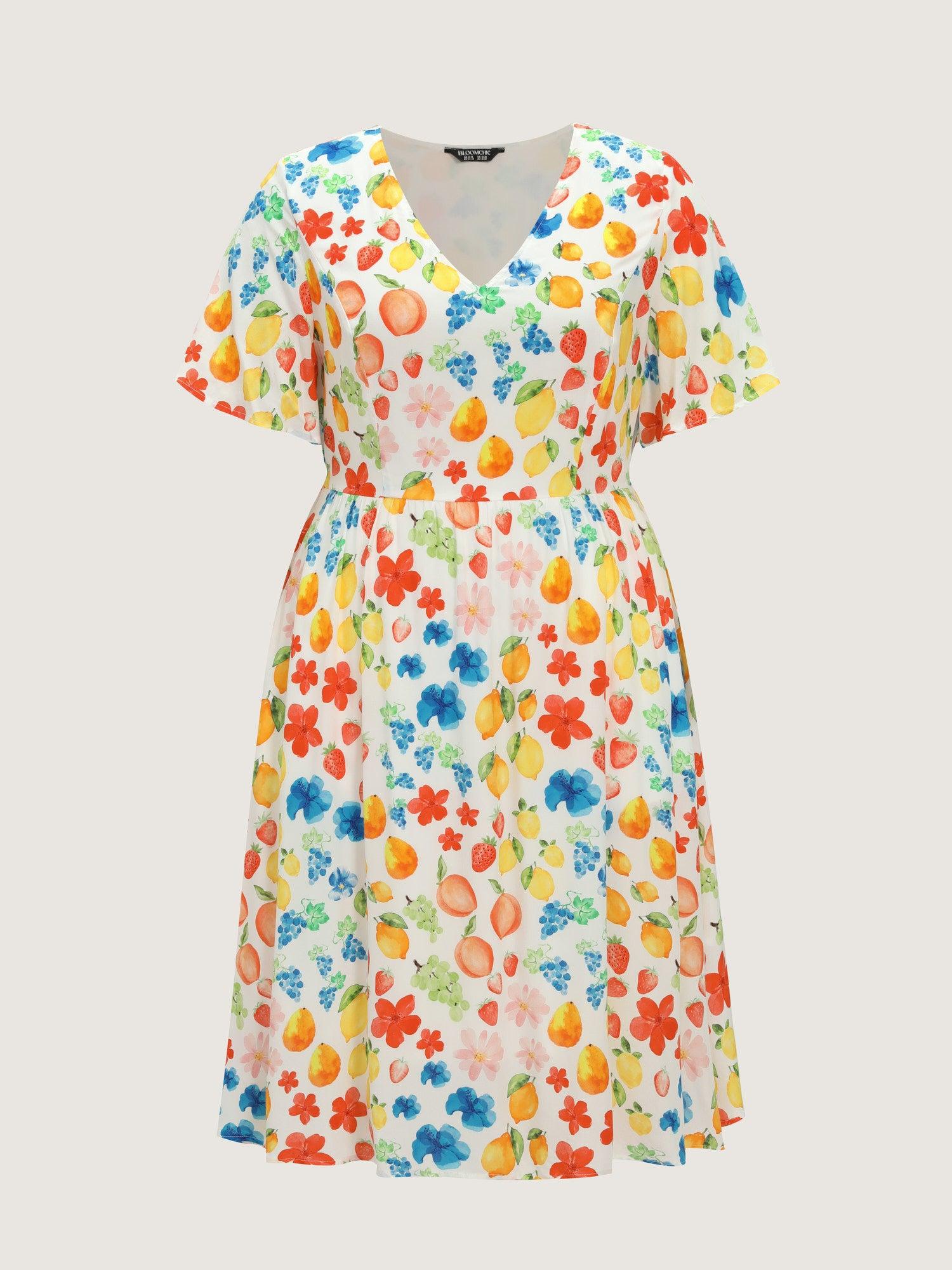 Colorful Fruit Print V-Neck Midi Dress Female Product Image
