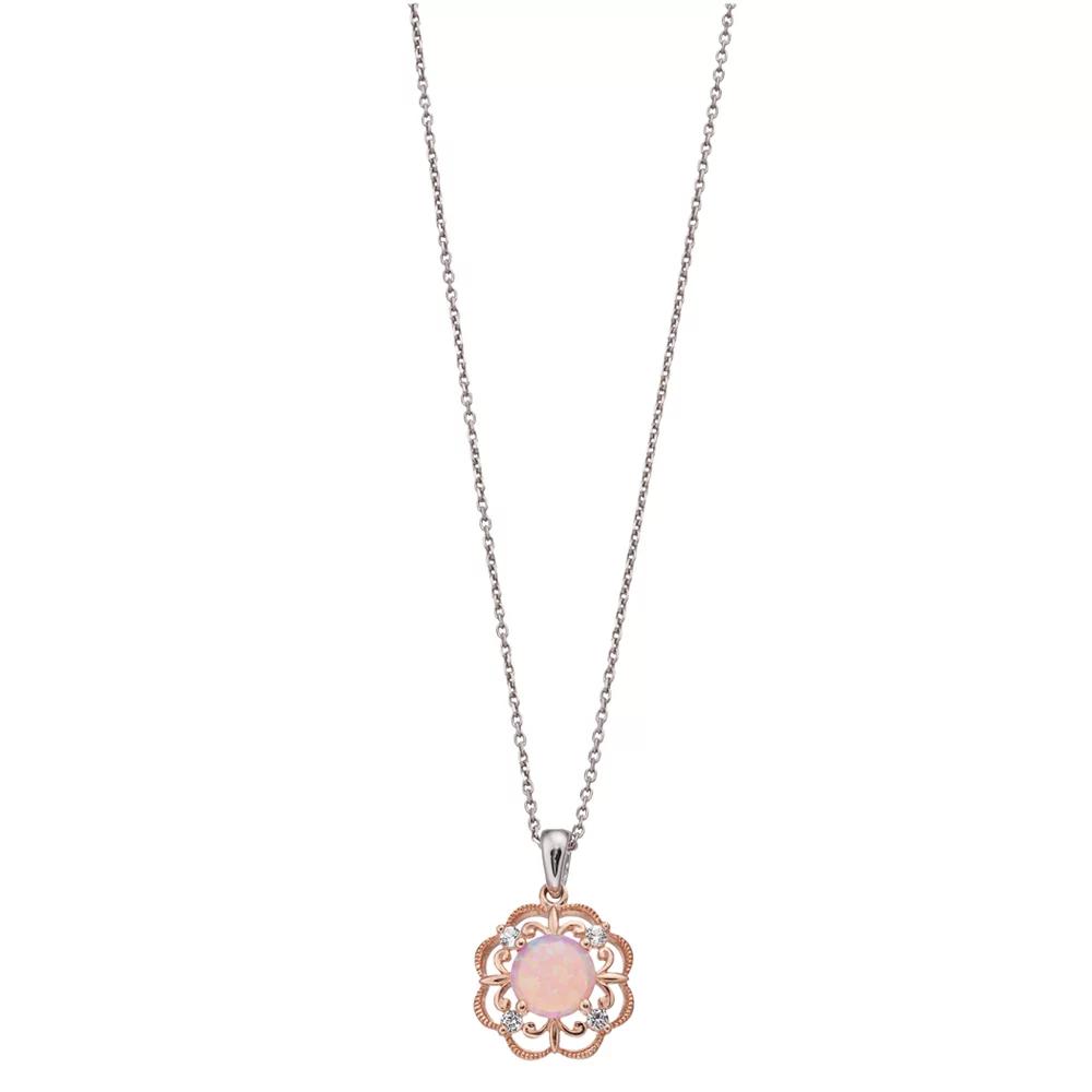 10k Gold Over Silver Lab-Created Pink Opal & Lab-Created White Sapphire Flower Pendant Necklace, Women's, Size: 18", Two Tone Product Image