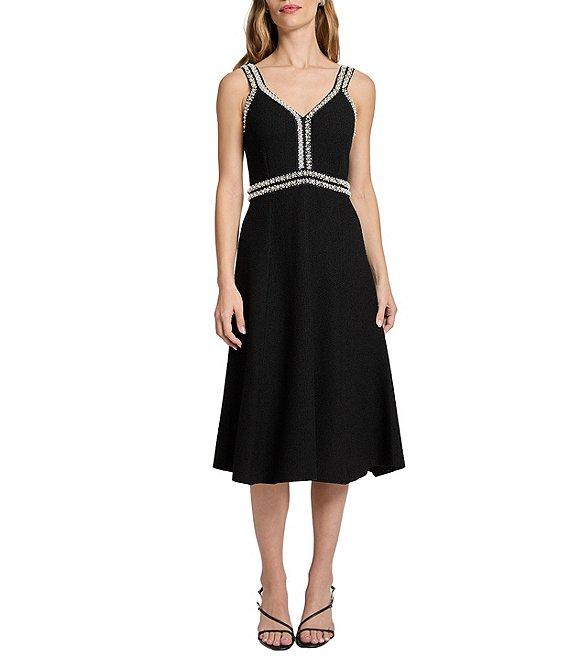 Ming Wang Embellished Deep V-Neck Sleeveless A-Line Midi Dress Product Image