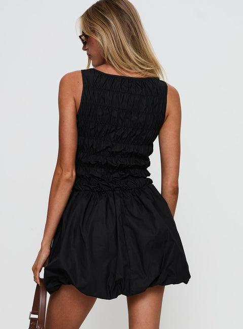 Demure Shirred Bubble Hem Mini Dress Black Product Image