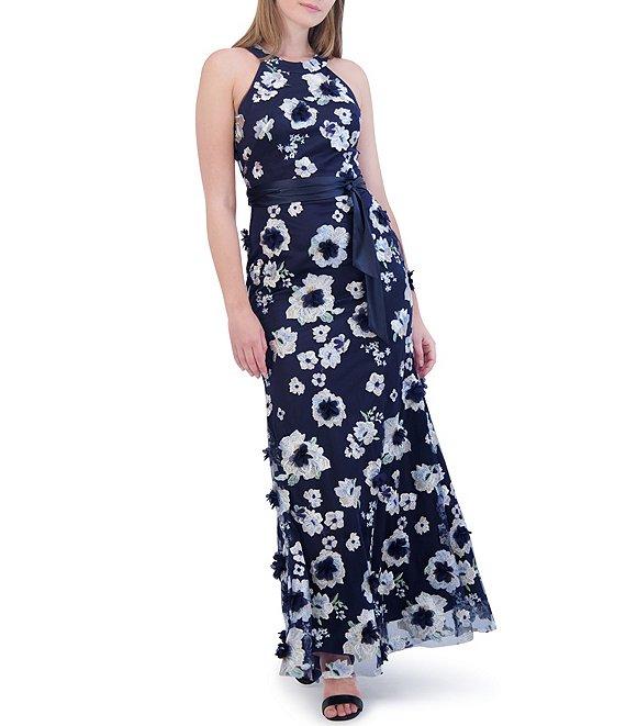 Eliza J 3D Floral Embroidered Mesh Fabrication Halter Neck Sleeveless Tie Front Gown Product Image