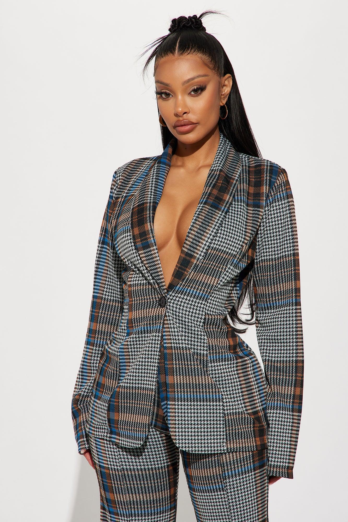 Business Time Plaid Blazer Pant Set - Blue/combo Product Image