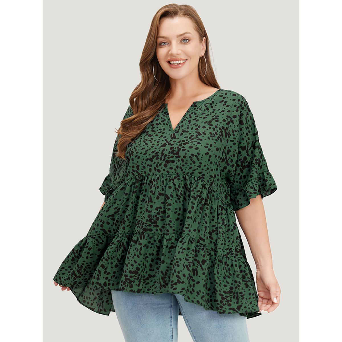 Plus Size Emerald Leopard Tiered Hem Notched Ruffle Sleeve Blouse Women Elegant Half Sleeve Notched collar Dailywear Blouses BloomChic 10/M Product Image