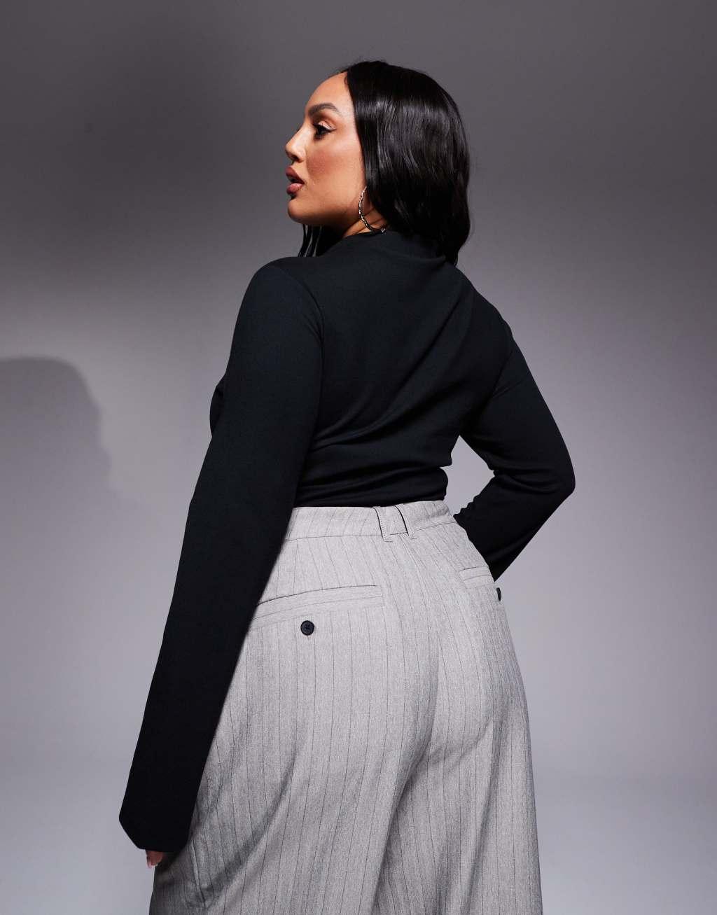 ASOS DESIGN Curve ribbed bodysuit with flared sleeves in black Product Image