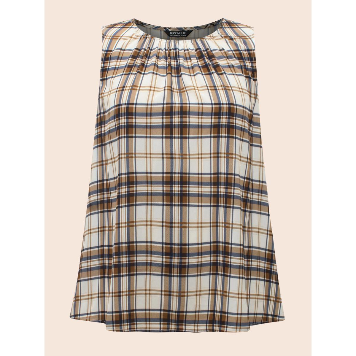 Plus Size Crew Neck Plaid Gathered Tank Top Women Multicolor Casual Gathered Ribbon-tied collar Everyday Tank Tops Camis BloomChic 18-20/2X Product Image