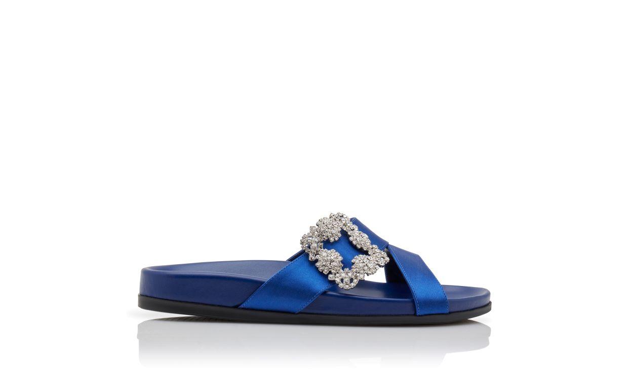 CHILANGHI Blue Satin Jewel Buckle Flat Mules Product Image
