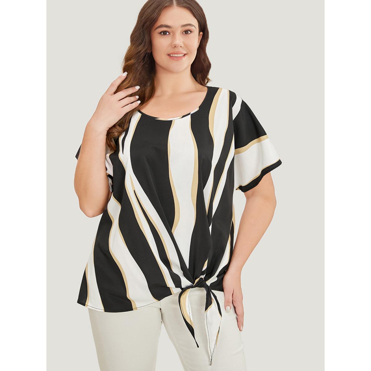 Plus Size Multicolor Geometric Contrast Batwing Sleeve Knot Hem Blouse Women Office Short sleeve Round Neck Dailywear Blouses BloomChic 22-24/3X Product Image