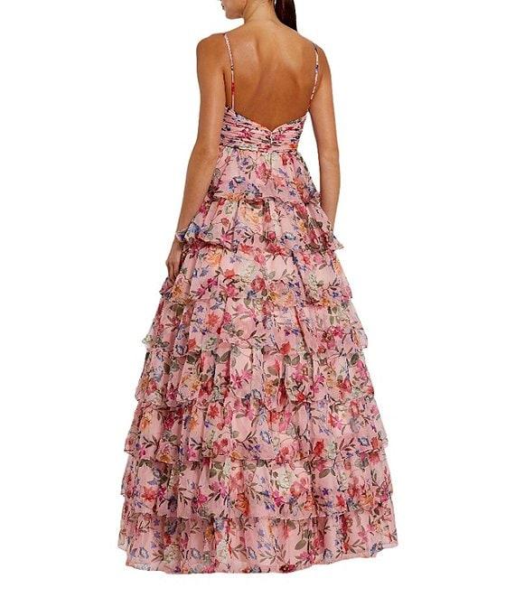 Mac Duggal Floral Print Sweetheart Neck Spaghetti Strap Sleeveless Cut Out Open Back Detail Ruffle Tiered Ball Gown Product Image