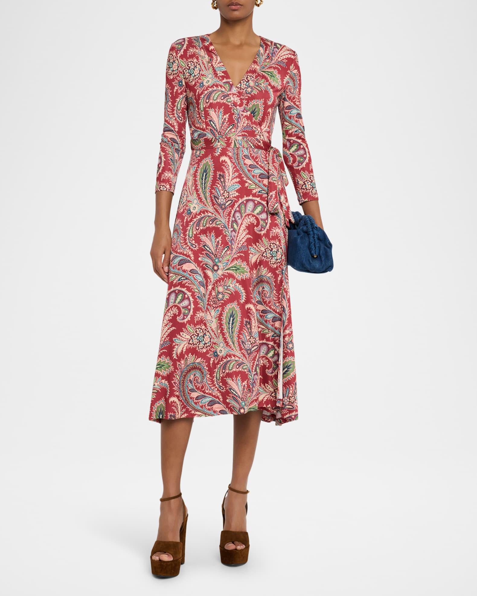Paisley-Print Bracelet-Sleeve Wrap Midi Dress Product Image