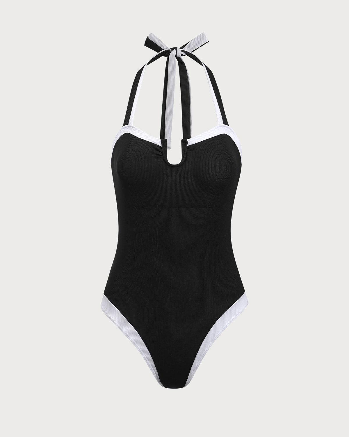 Black Contrast U-Shaped One-Piece Swimsuit Product Image