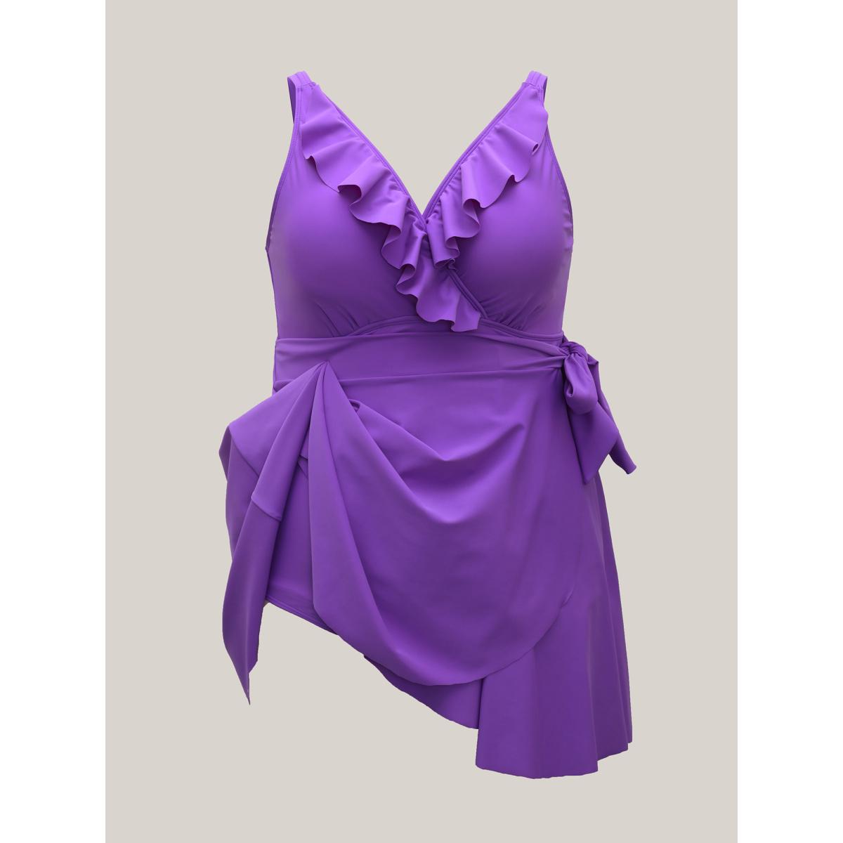 Plus Size Ruffled Edge Waist-Tie Flared Swim Dress Women's Swimwear BlueViolet Resort Bodycon Non High stretch Curve Swim Dresses BloomChic 10/M Product Image