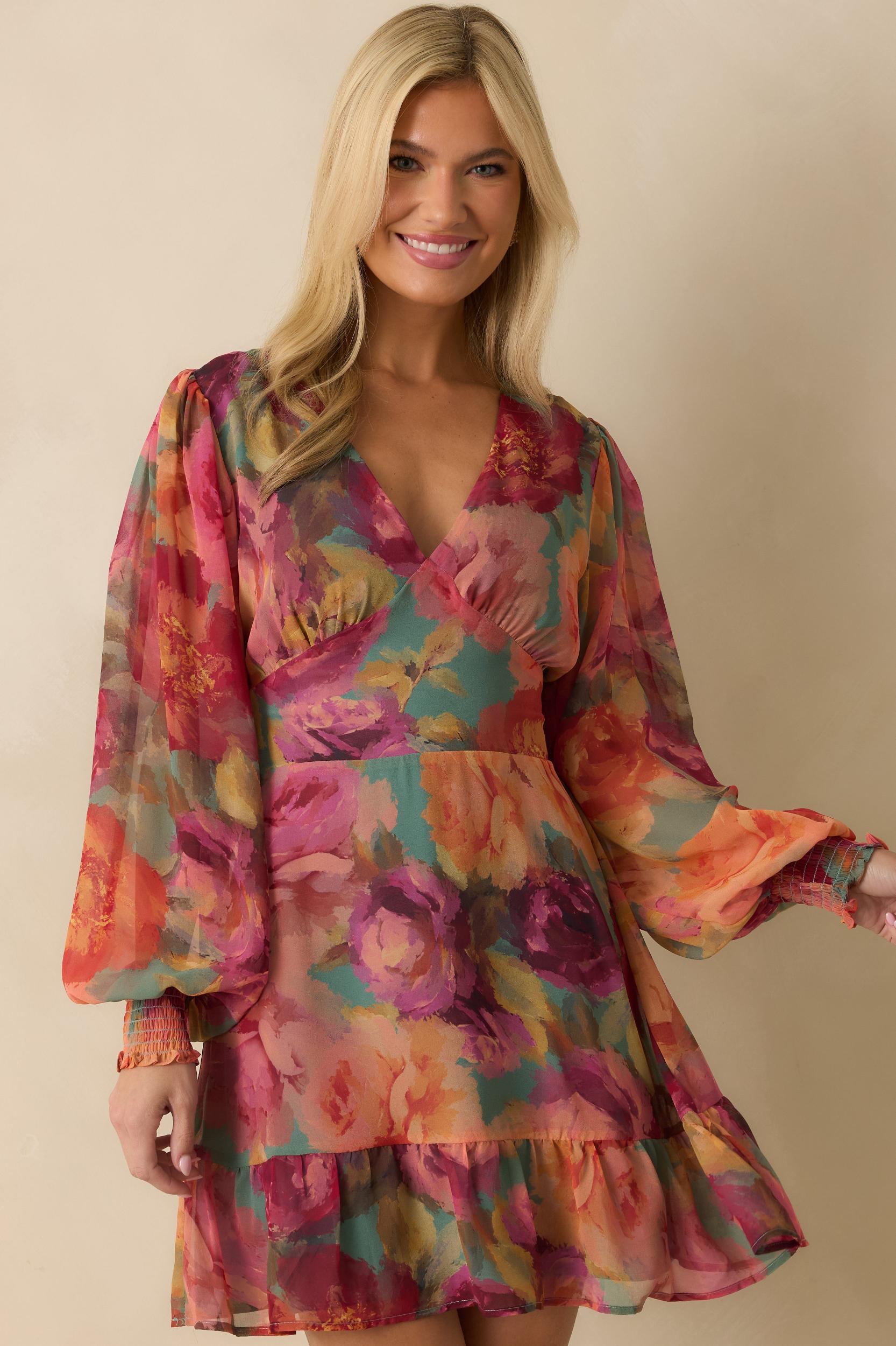 Petals in Motion Pink Multi Floral Print Chiffon Mini Dress Product Image