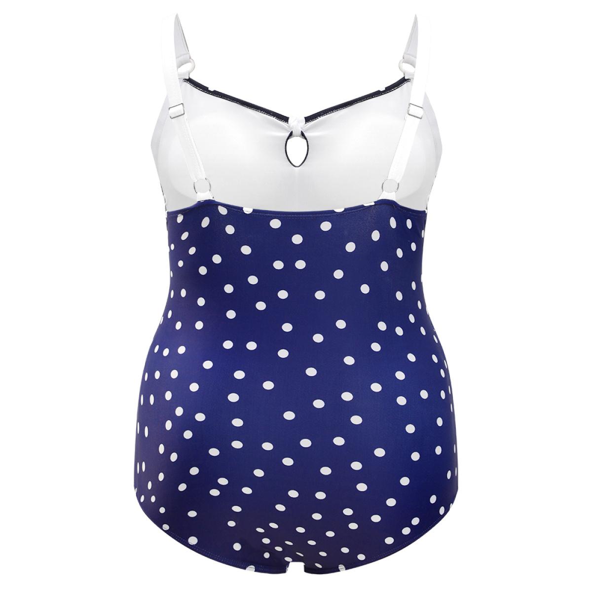 Plus Size Polka Dot Keyhole Knotted Front One Piece Swimsuit Women's Swimwear Indigo Vacation Adjustable Straps Curve Bathing Suits High stretch One Pieces BloomChic 18-20/2X Product Image