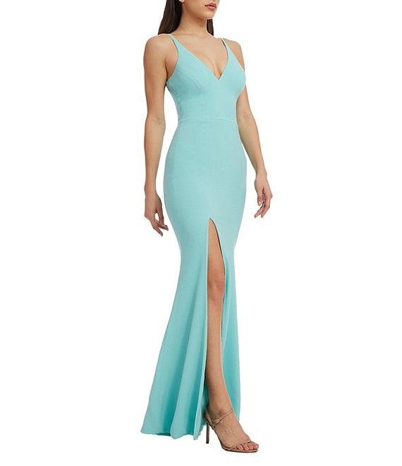 Dress the Population Iris Crepe Plunge V-Neck Thigh High Slit Sleeveless Gown Product Image
