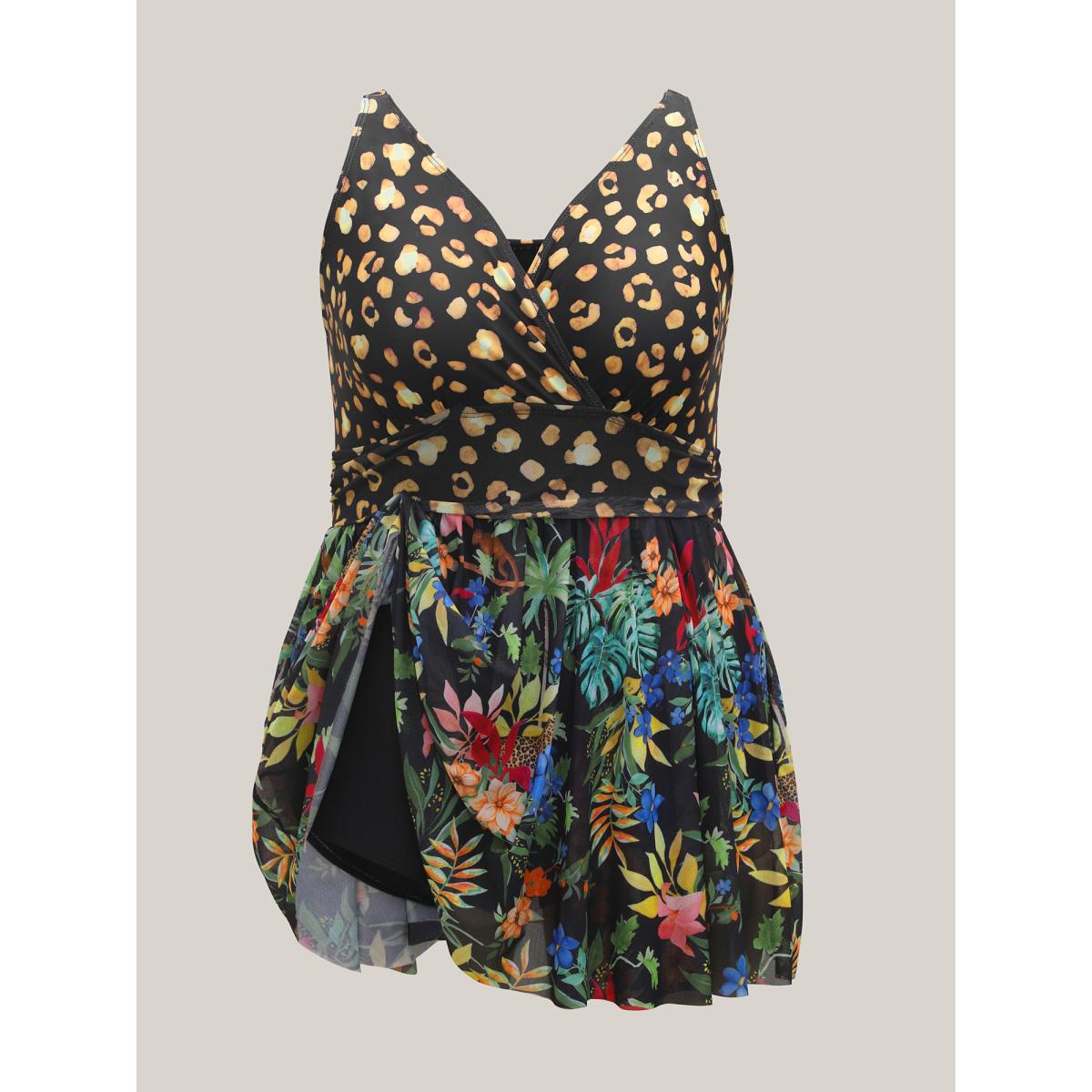 Plus Size Tropical Print Bust-Defining Swim Dress Women's Swimwear Black Beach Bodycon Overlap Collar High stretch Curve Swim Dresses BloomChic 22-24/3X Product Image