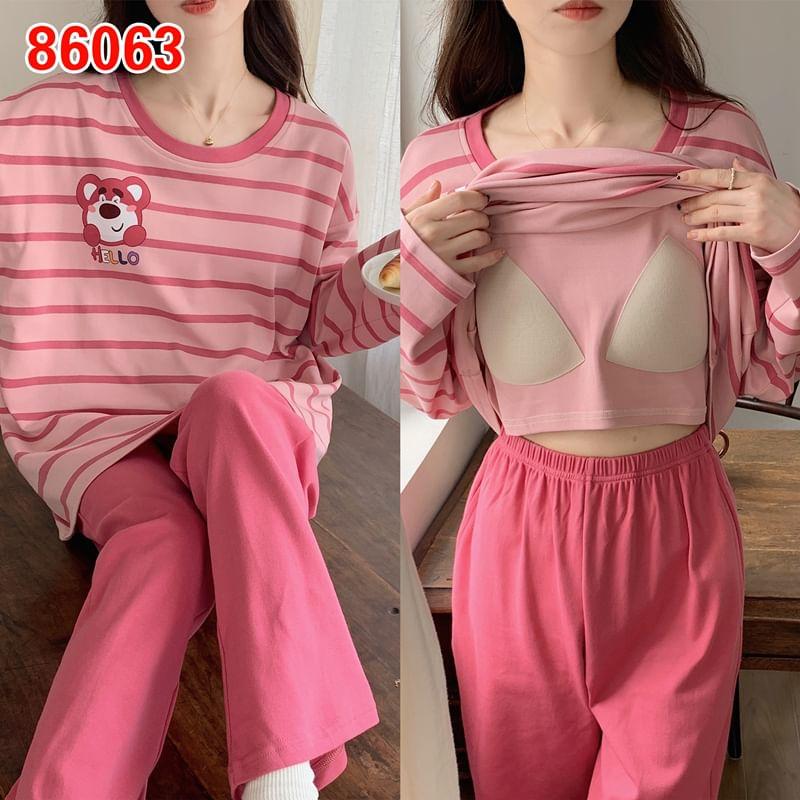 Pajama Set: Long-Sleeve Crew Neck Leopard Print Padded T-Shirt + Pants Product Image