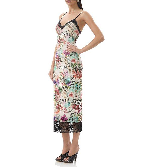 AFRM Nissa Floral Mesh V-Neck Sleeveless Spaghetti Strap Lace Trim Sheath Midi Dress Product Image